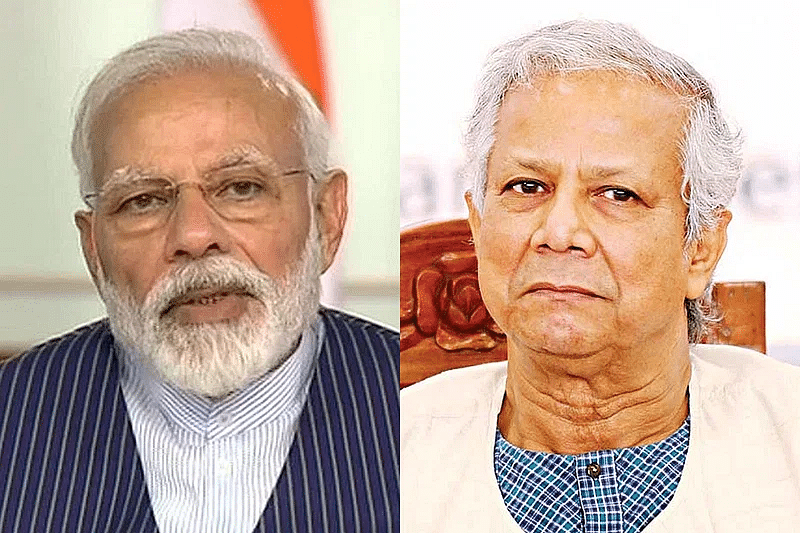 Indian prime minister Narendra Modi (L) and chief advisor of Bangladesh's interim government Dr. Muhammad Yunus